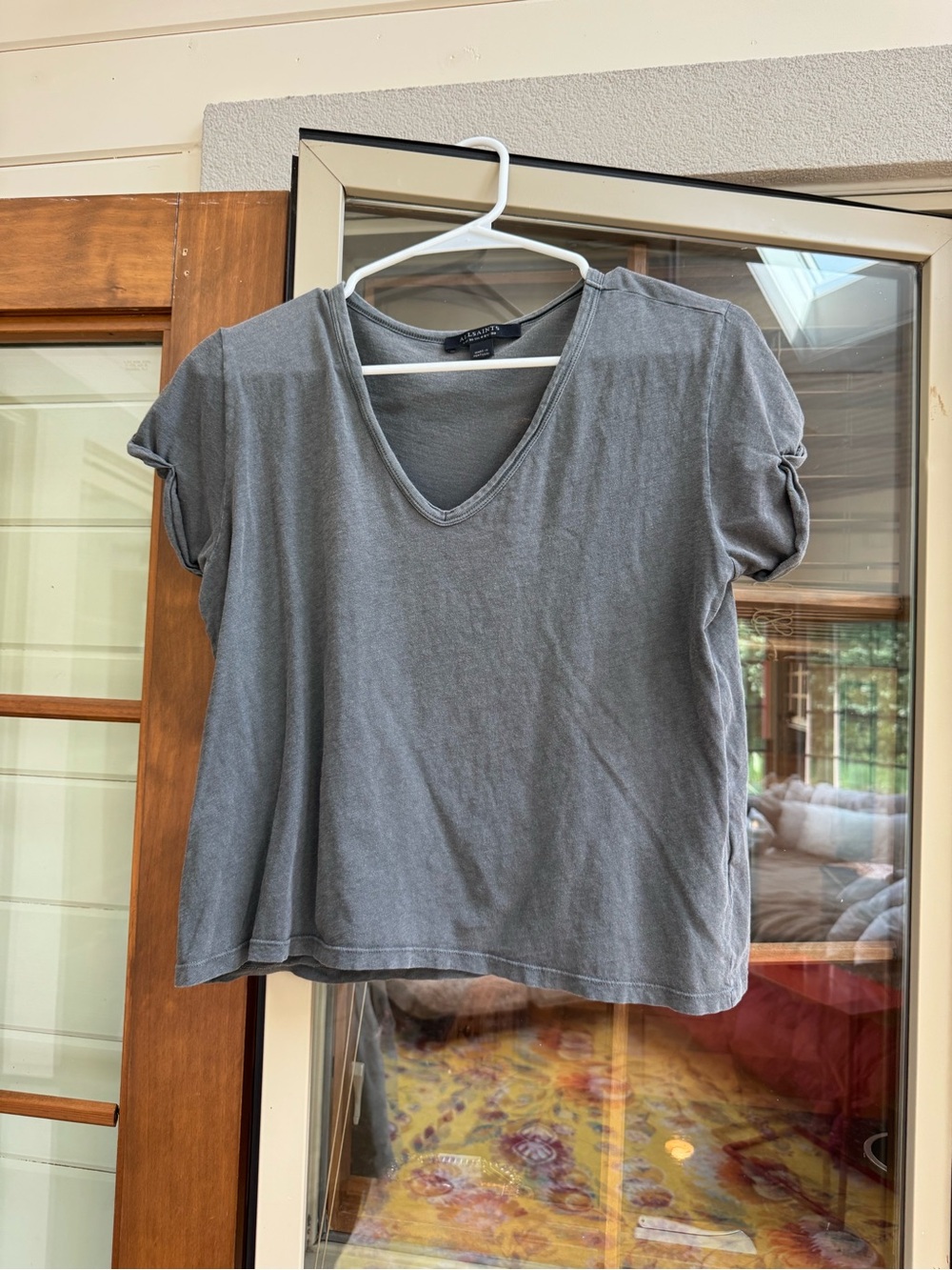 All Saints Gray V-Neck Rolled Short Sleeve Tee
